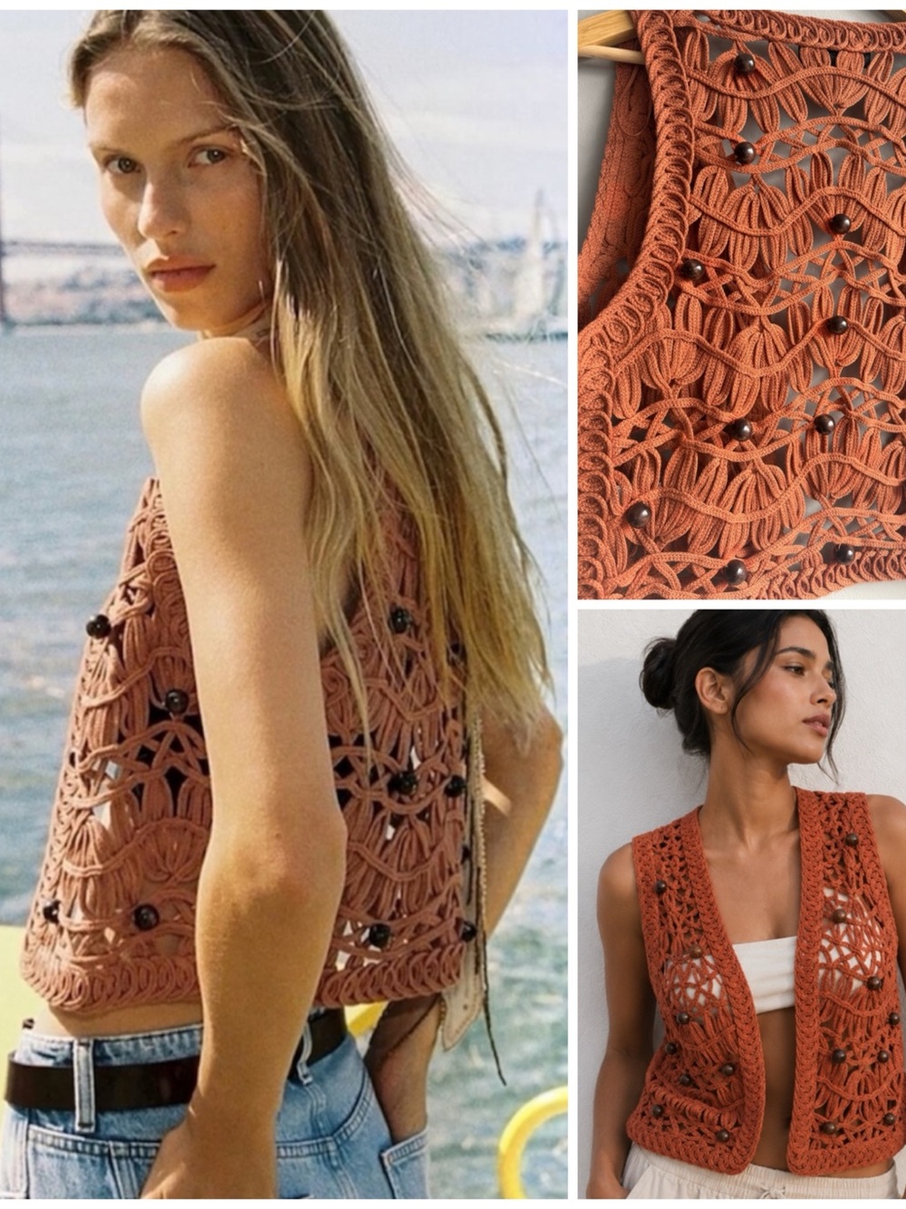 Zara Beaded Crochet Vest Macramé 70s Boho Cotton Woven Fall Layer Brown Medium